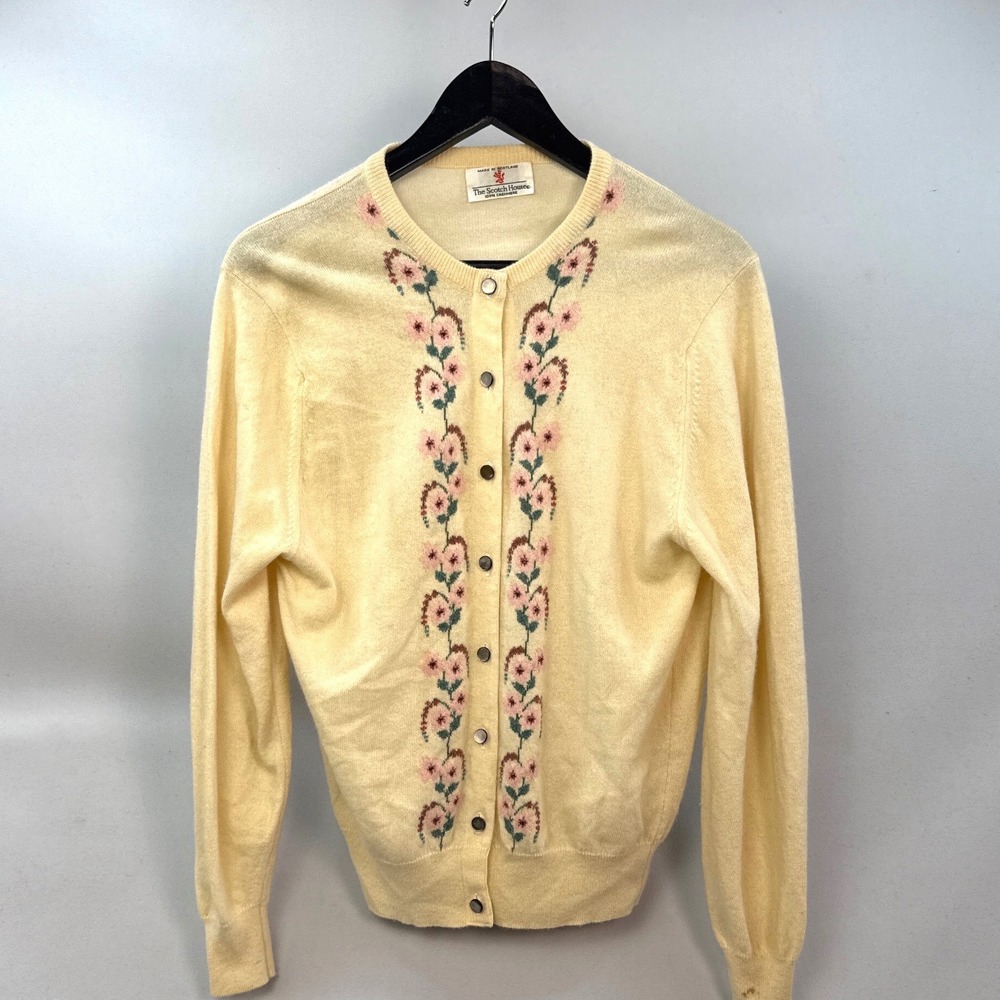 The Scotch House Scotland Vintage 100% Cashmere Floral Embroidered Cardigan 38